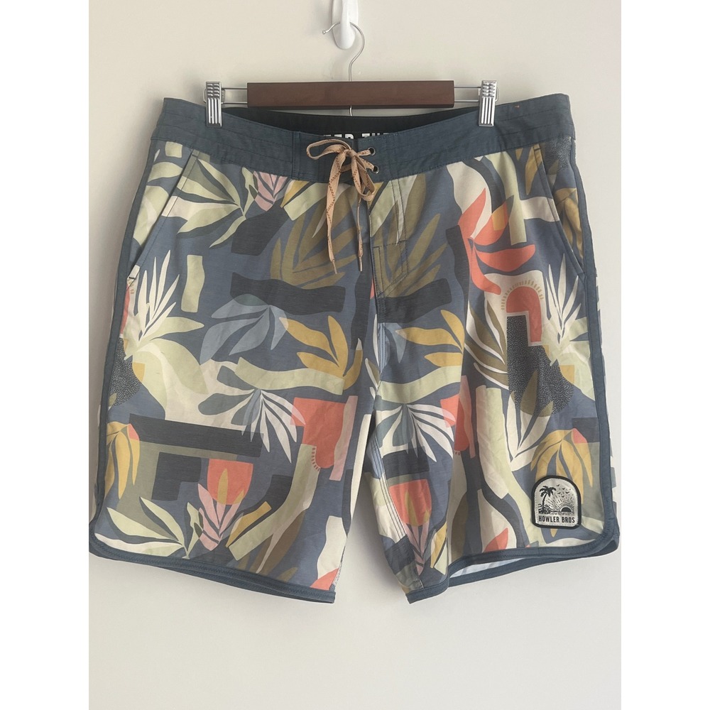 Howler Bros Men's Tropical Abstract Board Shorts Blue Yellow Size 36 Retro